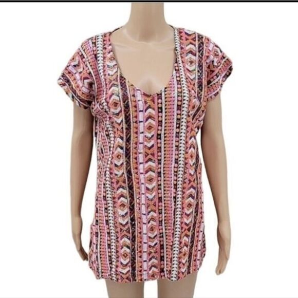 Sequin Mesh Vneck Top Shirt Colorful Pink Orange White Aztec Geometric - Picture 11 of 11